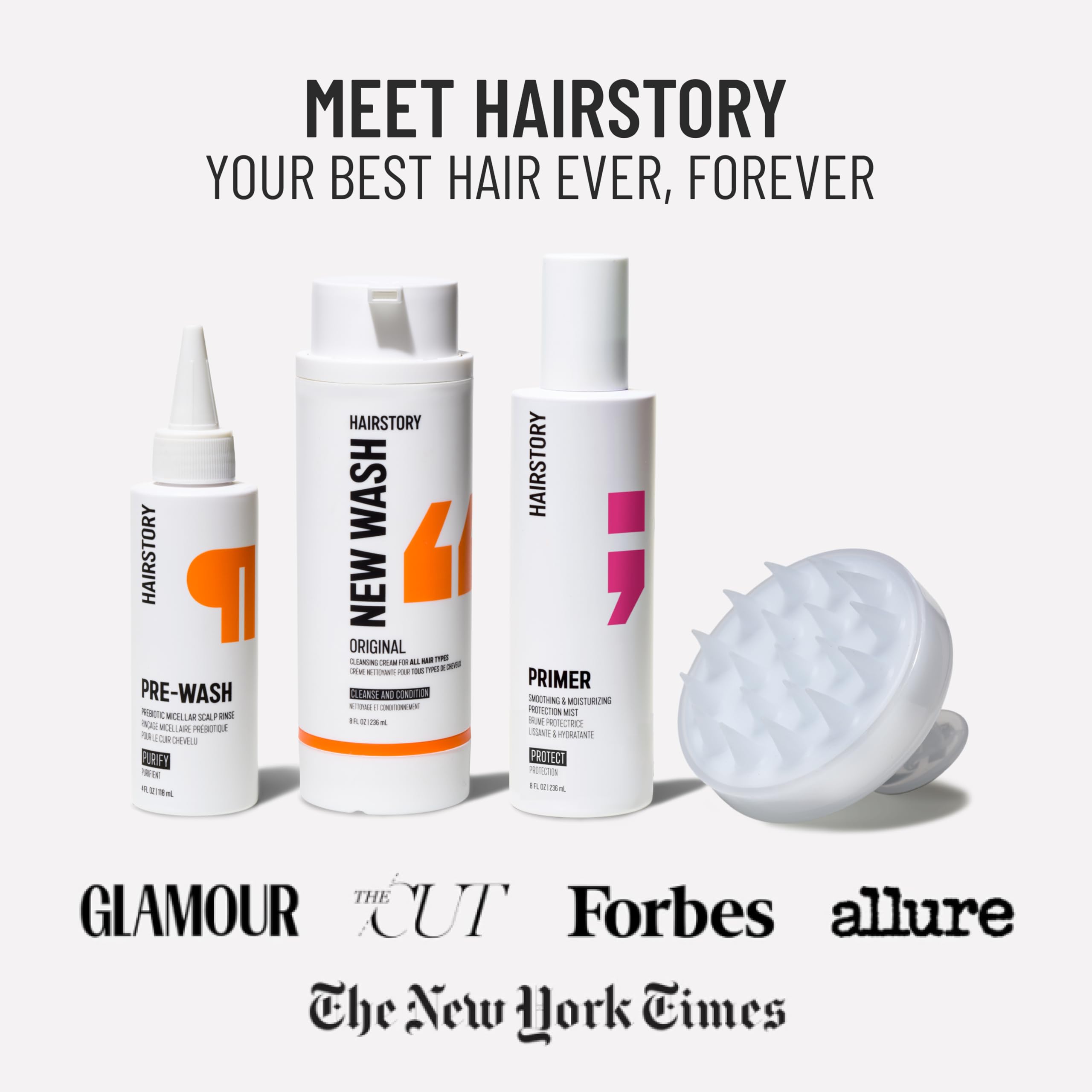 Hairstory Massaging Scalp Brush packaging design highlights clean, minimal aesthetic.
