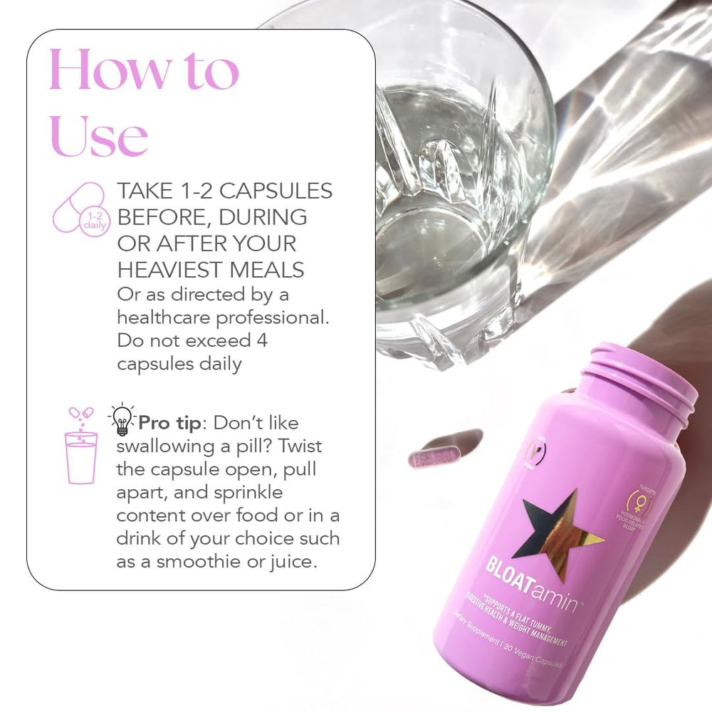 HAIRtamin BLOATamin capsules close-up of digestive enzymes
