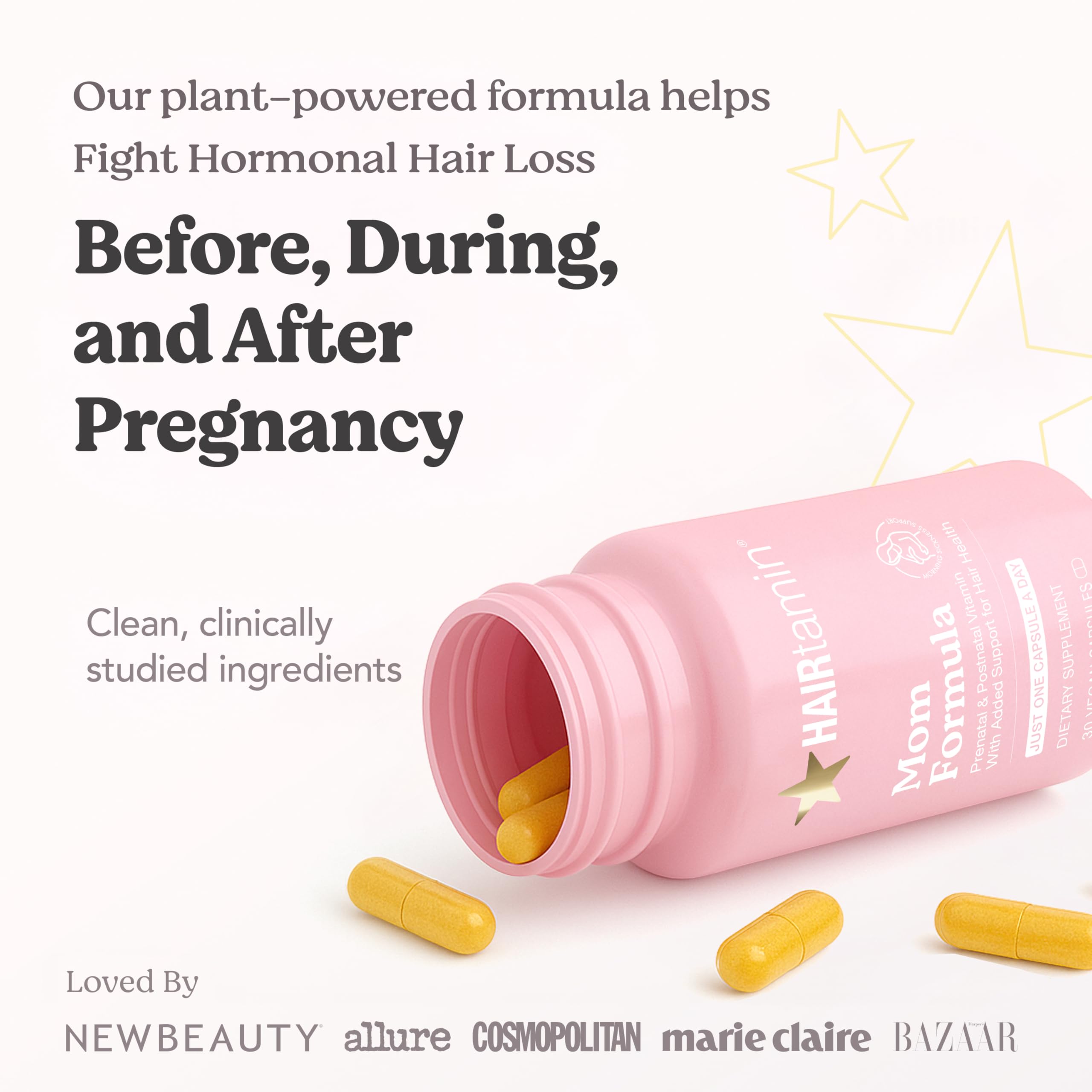 HAIRtamin MOM packaging box highlights vegan, gluten-free formula for expectant or nursing moms.