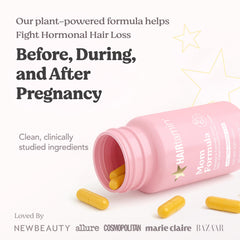 HAIRtamin MOM packaging box highlights vegan, gluten-free formula for expectant or nursing moms.