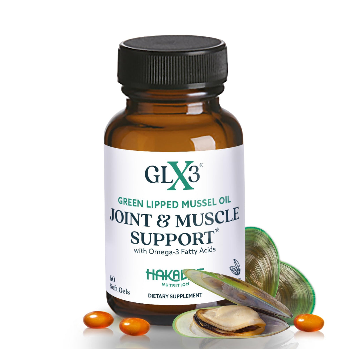 HAKA Life GLX3 bottle with omega-3 capsules for joint comfort and mobility.