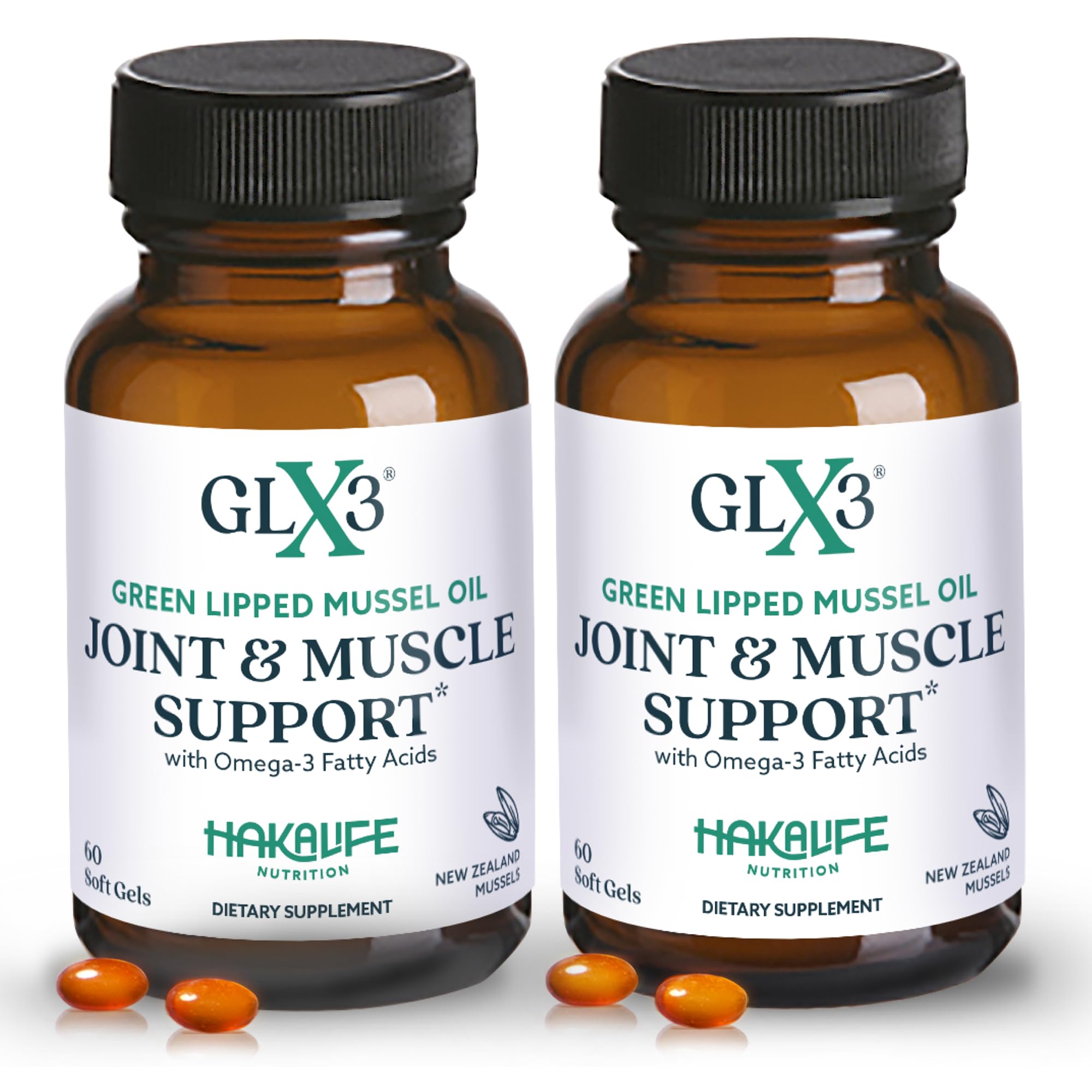 HAKA GLX3 bottle front showing premium NZ mussel oil for joint support.