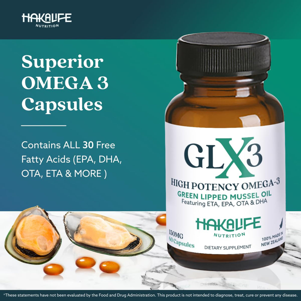 GLX3 capsules close-up highlighting burp-free, easy-to-swallow design.