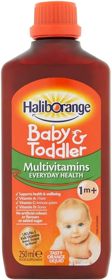 Haliborange label close up highlighting 9 essential vitamins