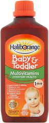 Haliborange label close up highlighting 9 essential vitamins
