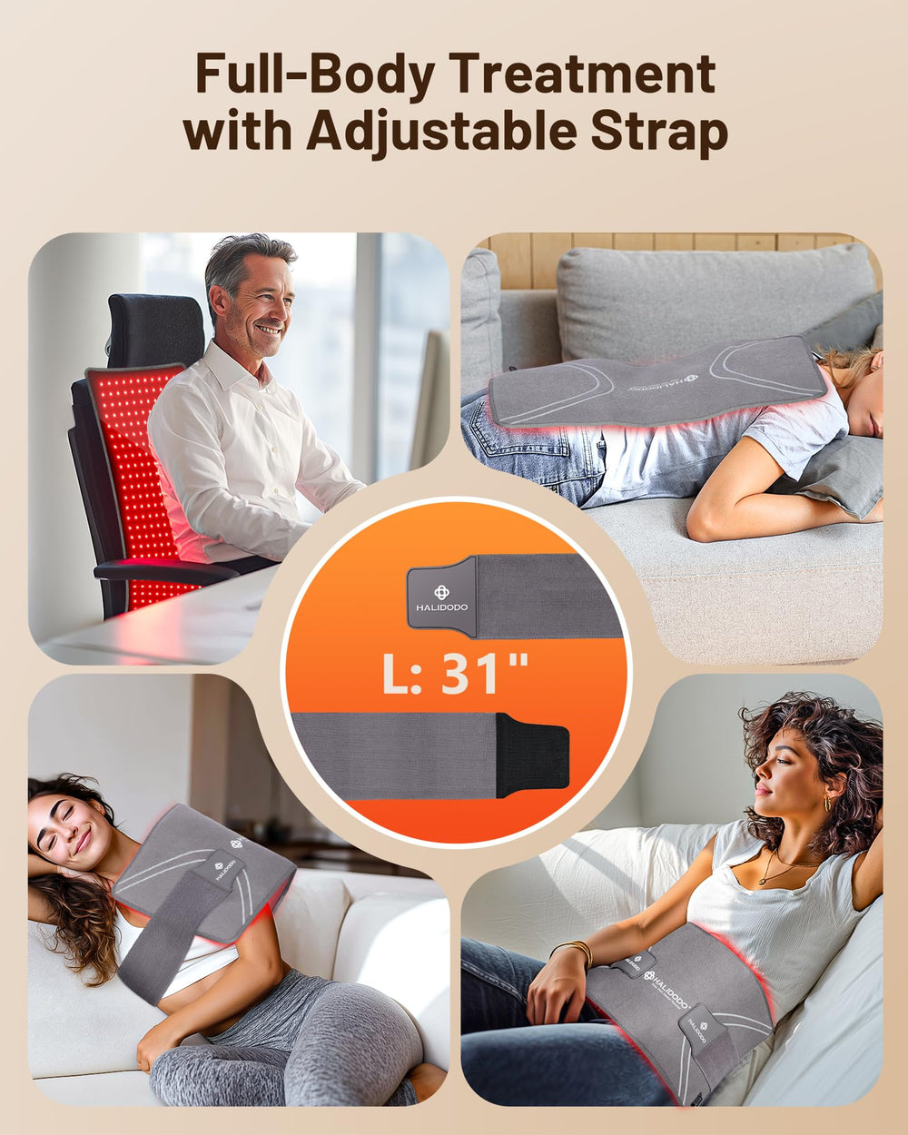 HALIDODO large-coverage pad with strap demonstrates hands-free use during seated or reclining routines.