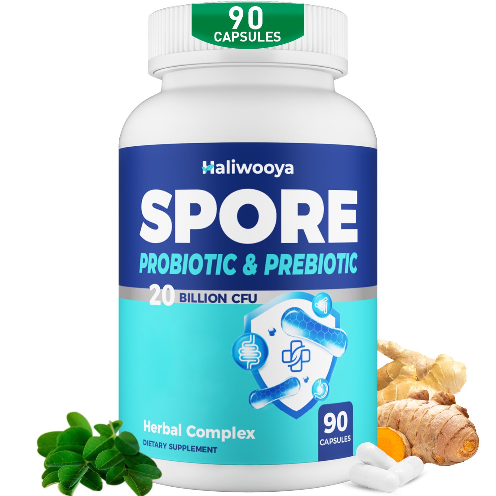 Haliwooya Spore Probiotic bottle front, showing a compact package and potential daily gut support.