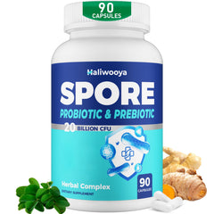 Haliwooya Spore Probiotic bottle front, showing a compact package and potential daily gut support.