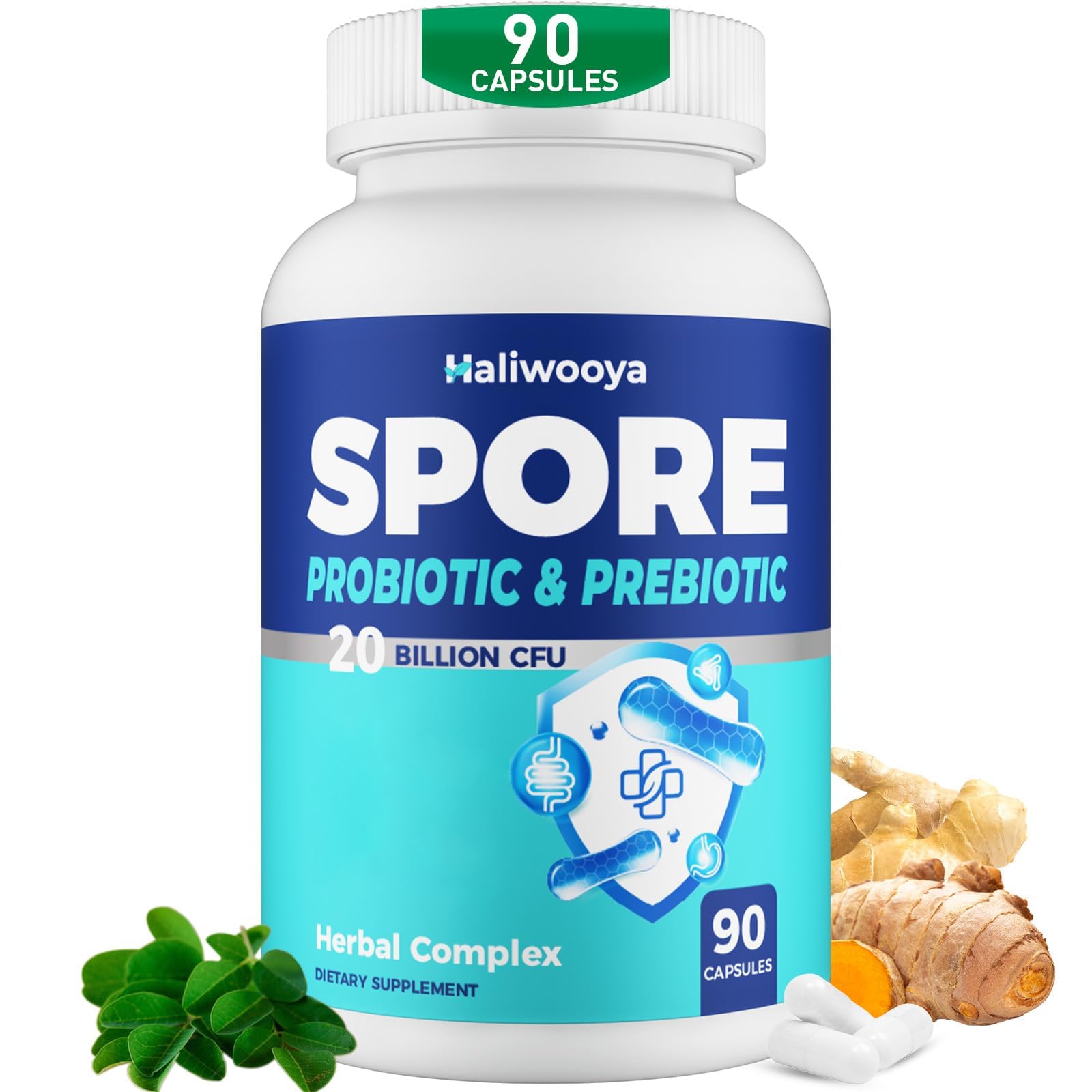 Haliwooya Spore Probiotic label info noting gluten-free dairy-free vegan formula.