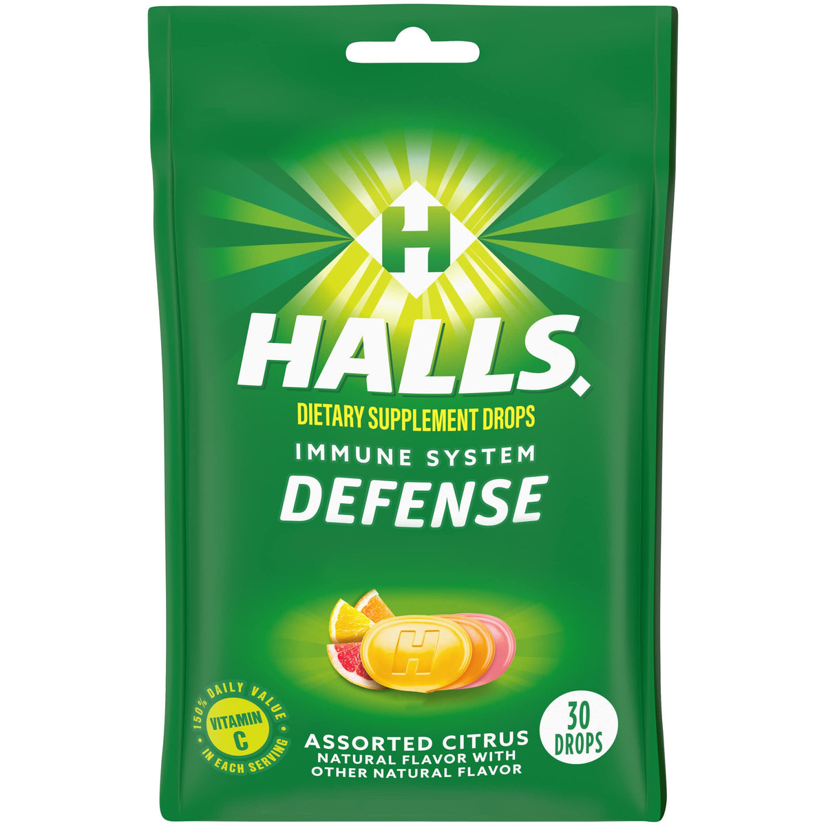 HALLS Defense Citrus Vitamin C Drops bottle on counter for daily vitamin C