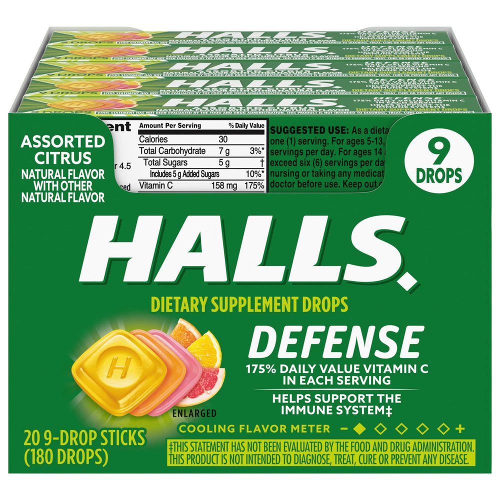 HALLS Defense Assorted Citrus Drops bottle for convenient on-the-go immune support.