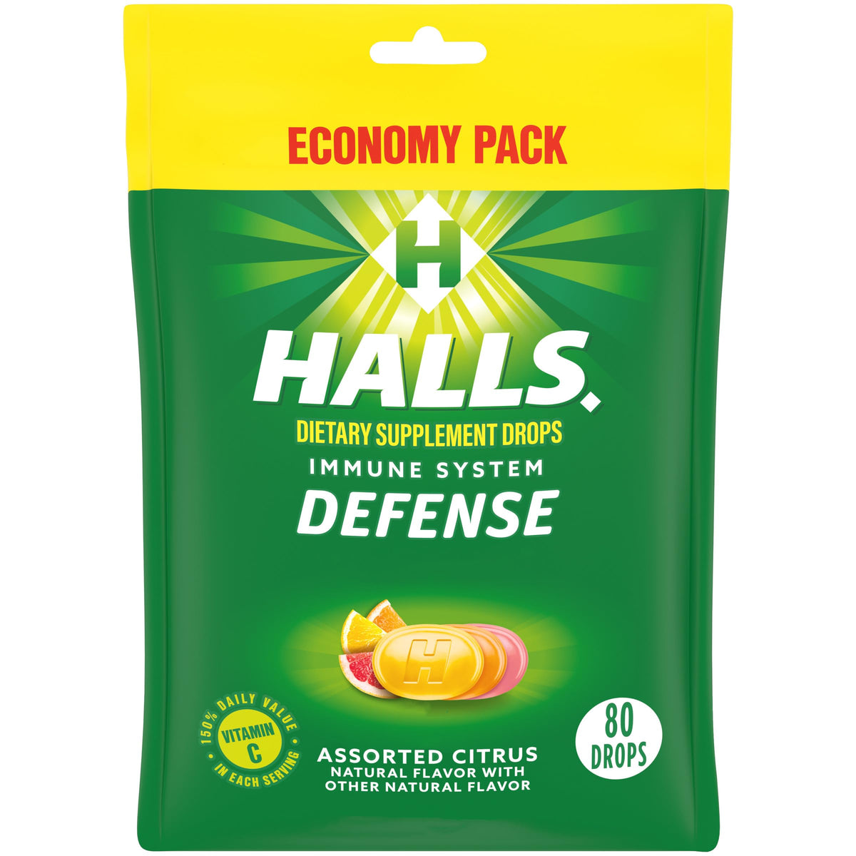 HALLS Defense assorted citrus drops pack on counter for on-the-go immune support