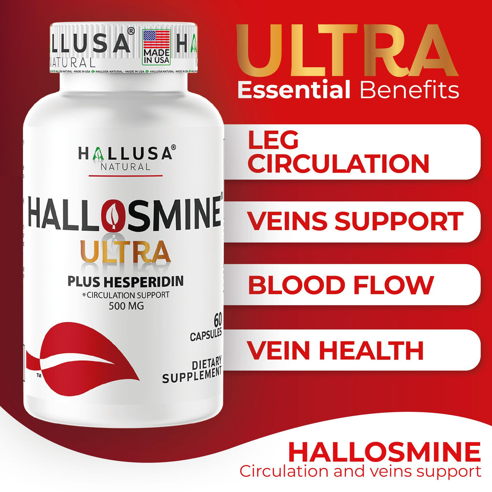 Hallusa Natural Hallosmine capsules close-up highlighting flavonoids for vascular balance