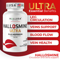 Hallusa Natural Hallosmine capsules close-up highlighting flavonoids for vascular balance