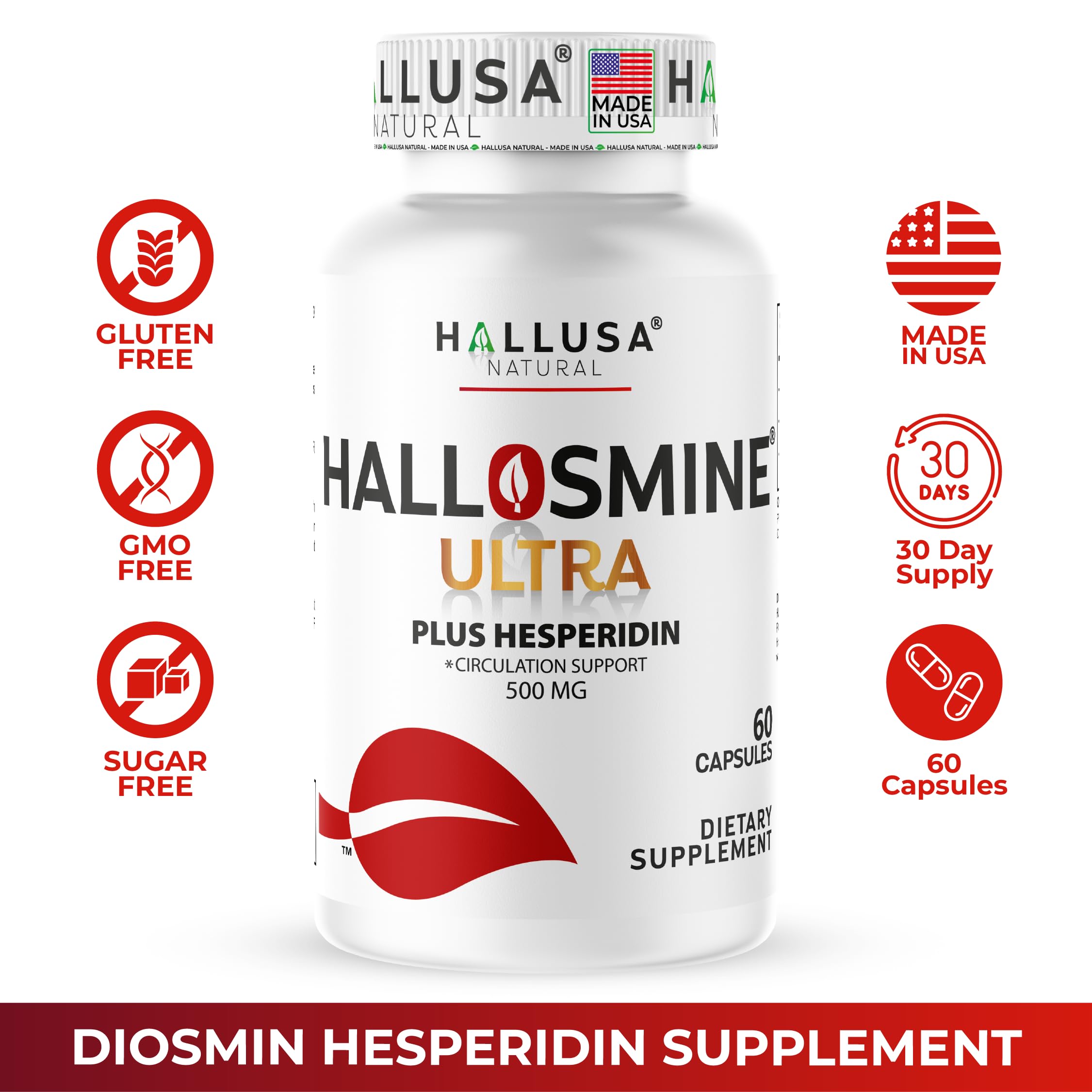 Hallusa Natural Hallosmine made-in-USA label close-up indicating quality