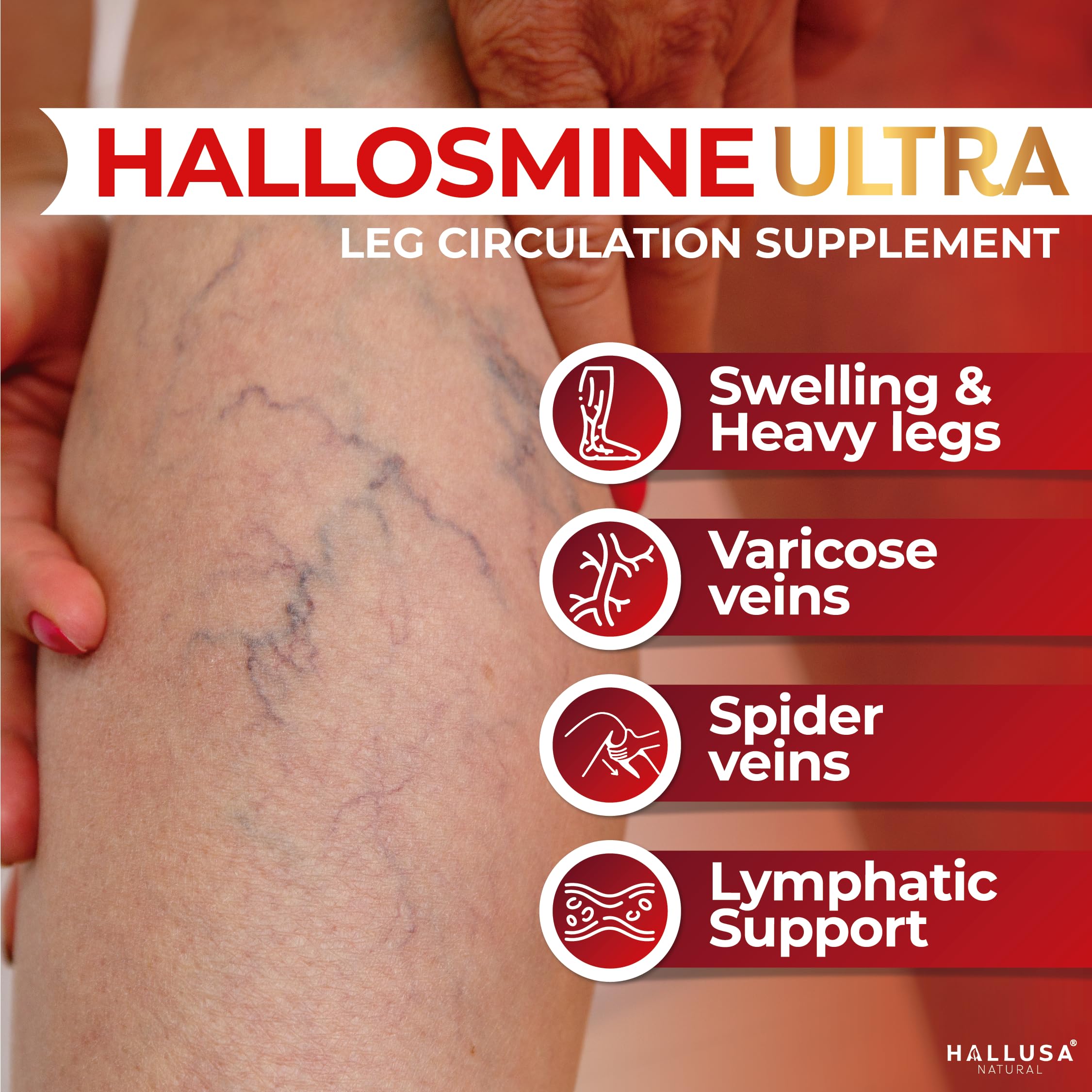 Hallusa Natural Hallosmine vein-focused image signaling leg comfort support