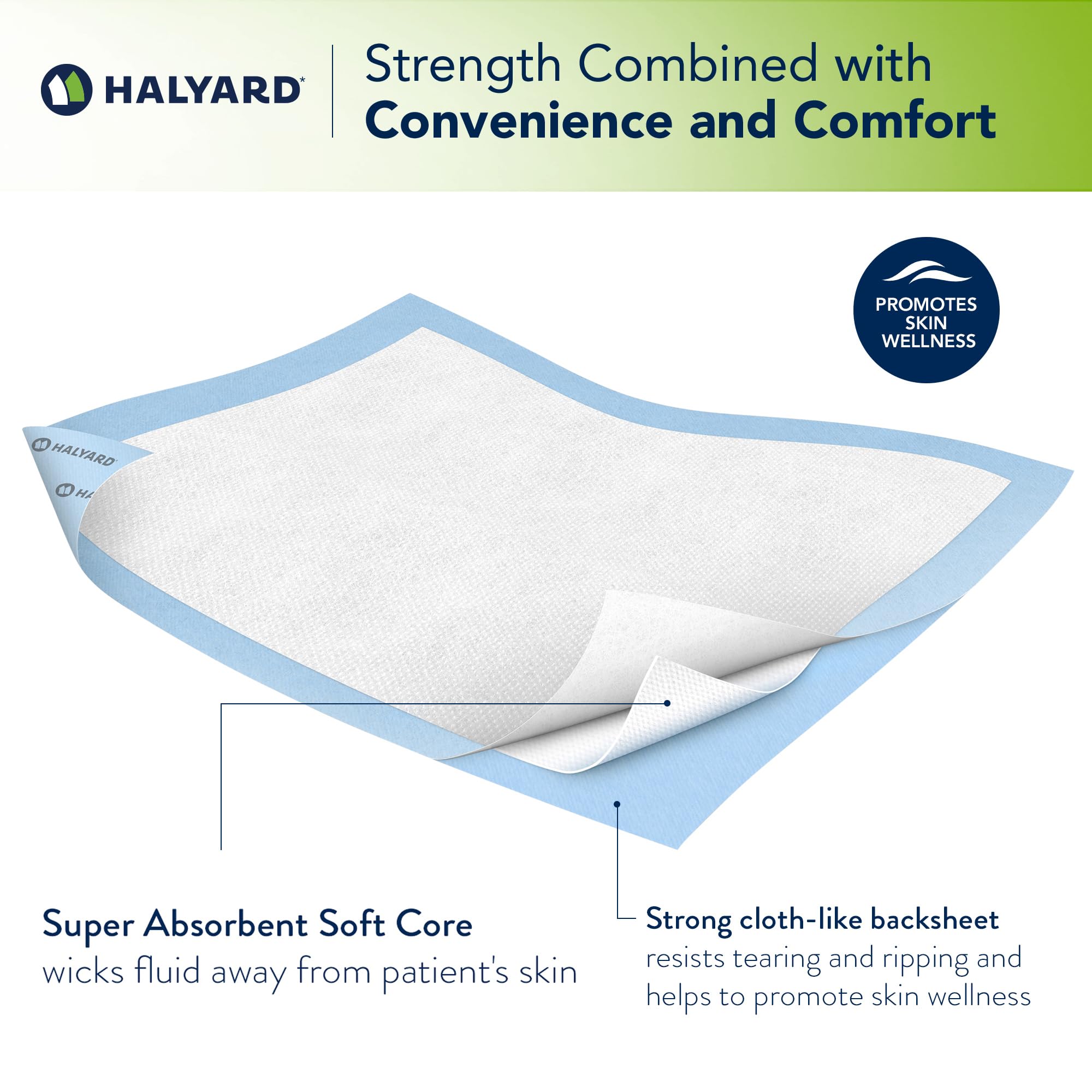 HALYARD Premium Bed Pad backsheet is durable and tear-resistant to protect bedding.