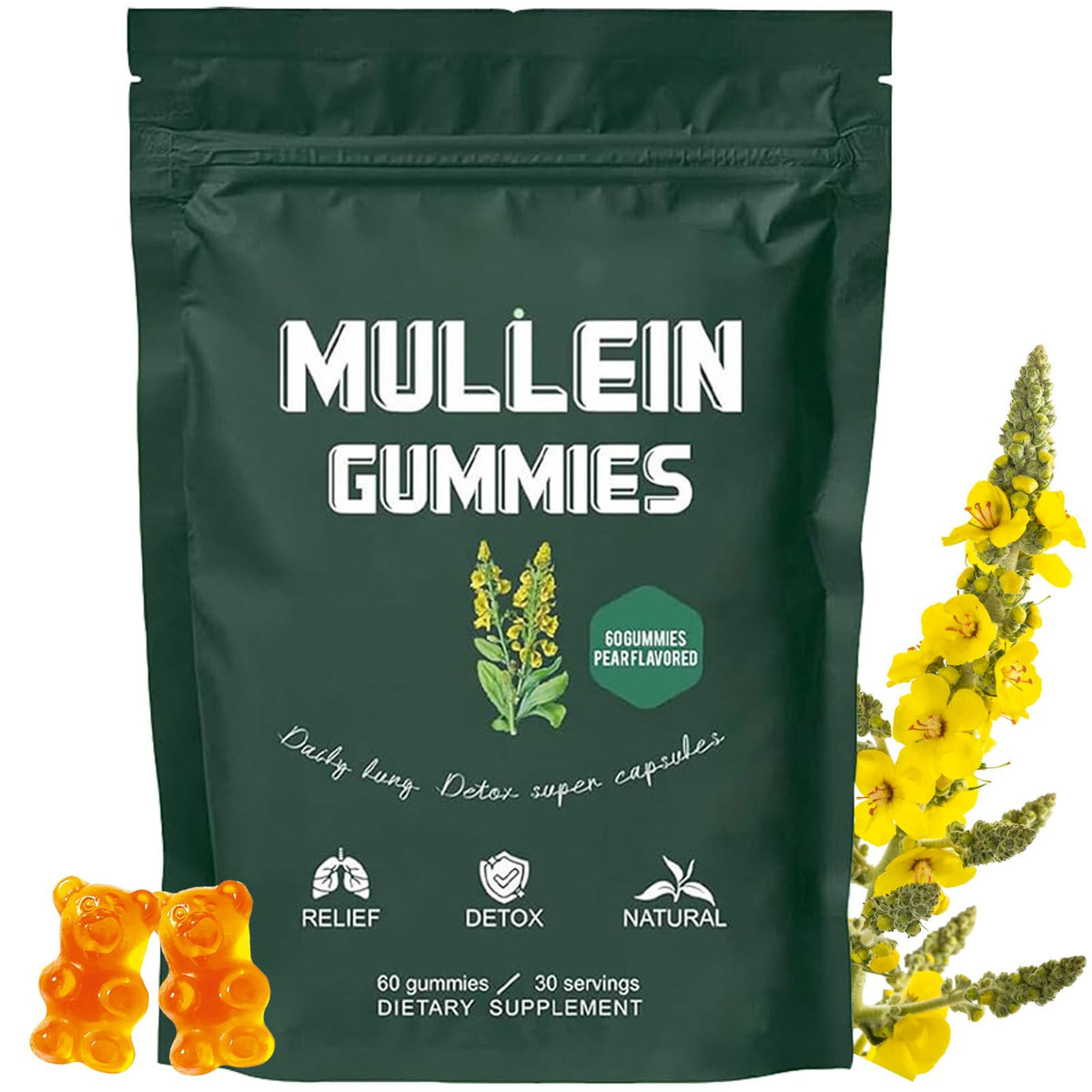 Hanachi Mullein Gummies bottle front offering daily respiratory support with pear flavor.