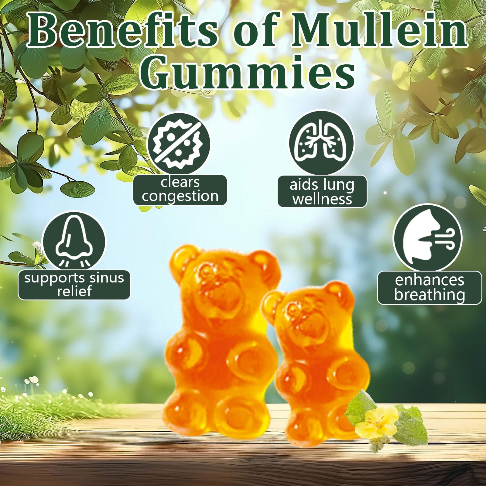 Close-up of pear flavored gummies highlighting mullein benefits.
