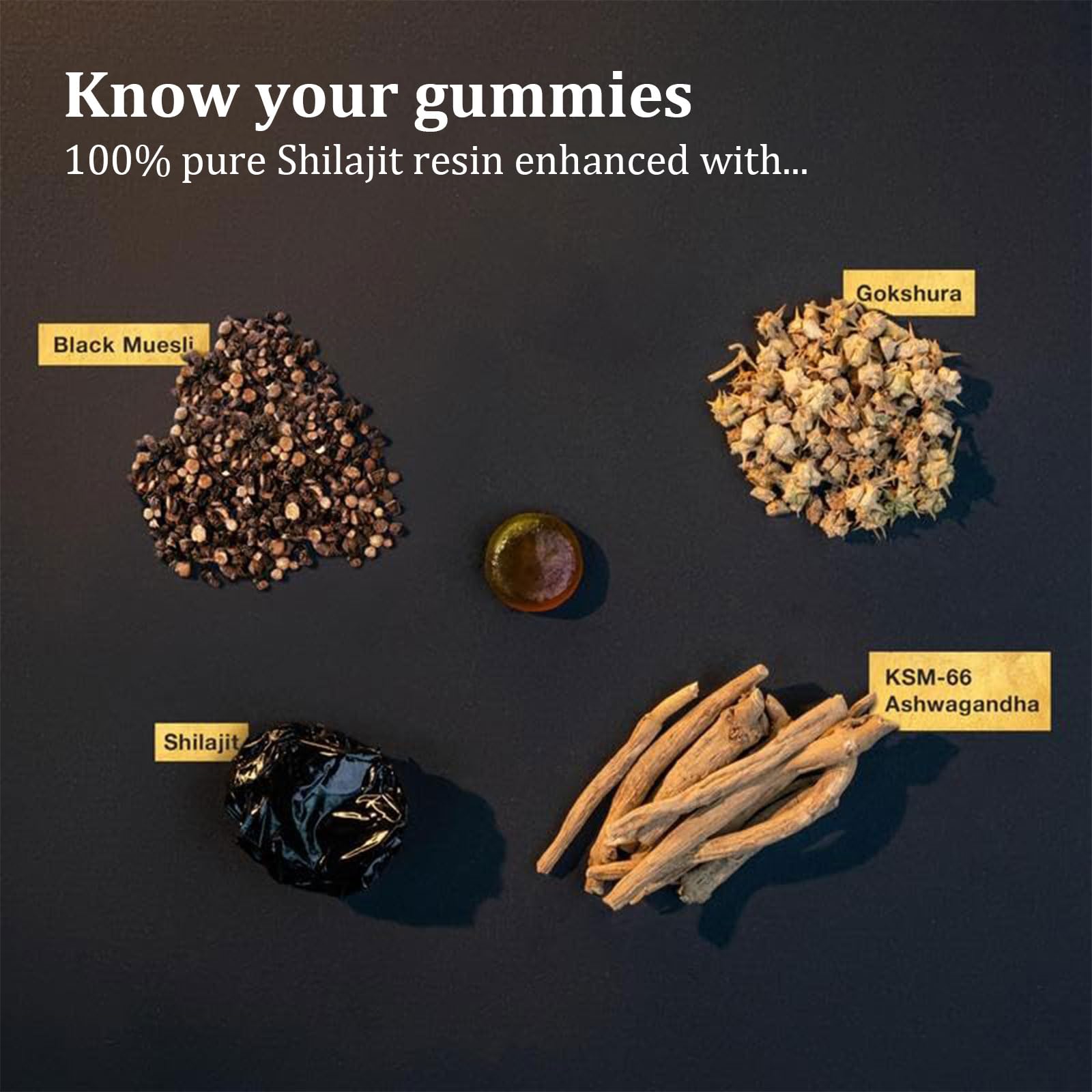 Hanachi Shilajit Gummies label shows clean, lab-tested ingredients and no additives.