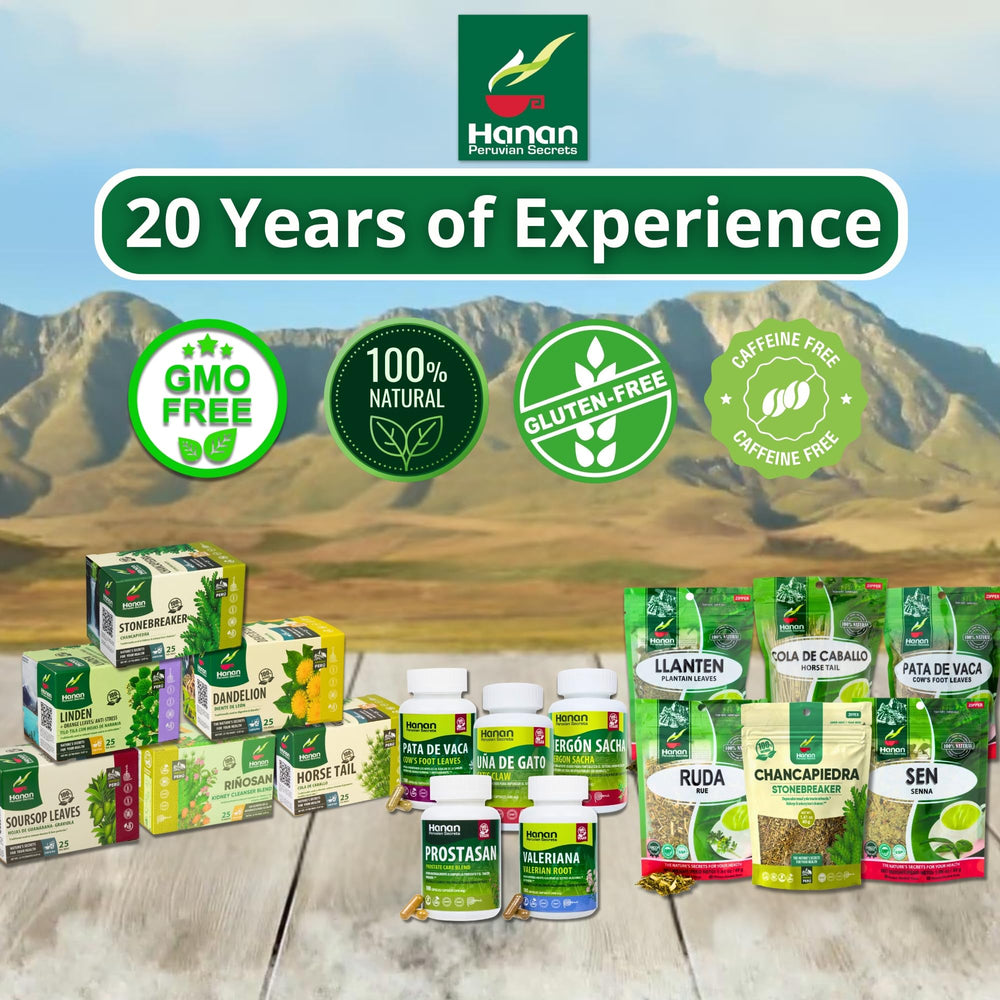 Hanan Chanca Piedra natural herbal tea, showcasing 100% natural Peru-grown ingredients.