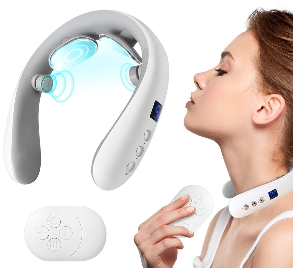 HANASCAR neck massager with heat worn for portable, soothing neck comfort on the go.
