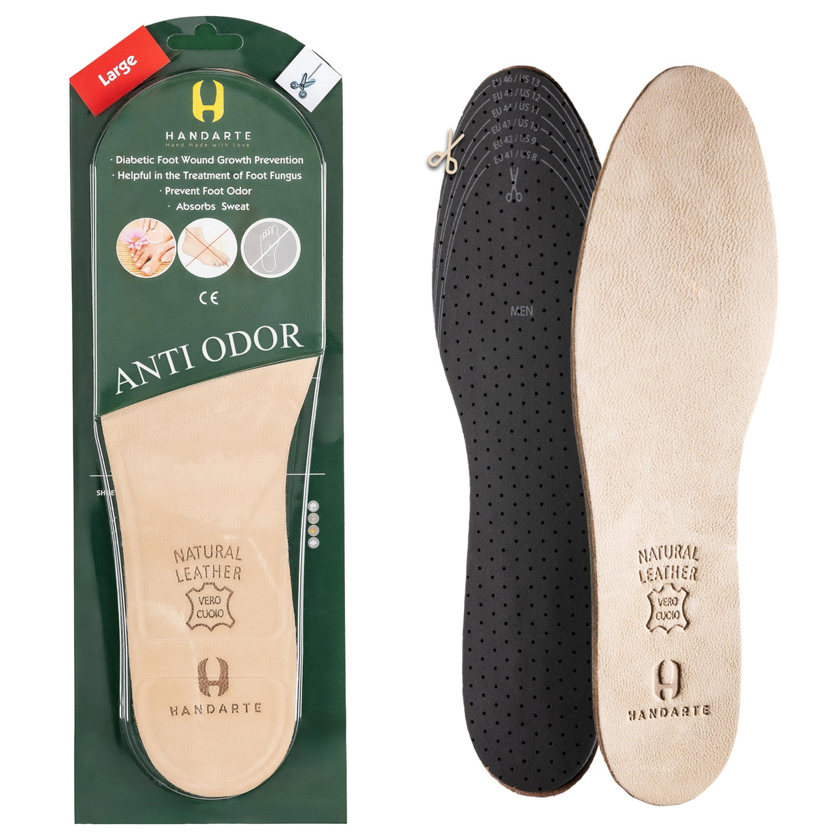 HANDARTE Leather odor insole cuttable design for customizable fit and freshness.