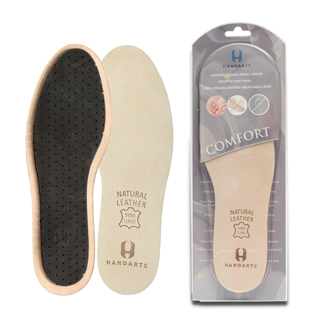 HANDARTE leather sockless insole close-up for all-day comfort.