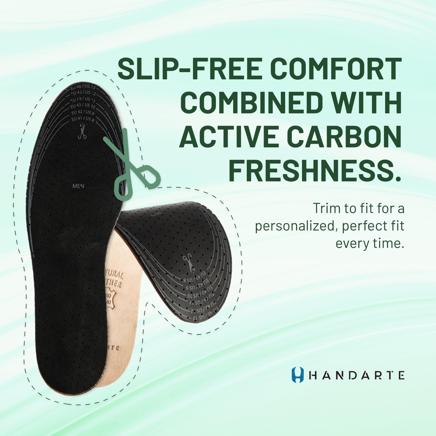HANDARTE perforated goatskin insole promotes breathability and moisture control.