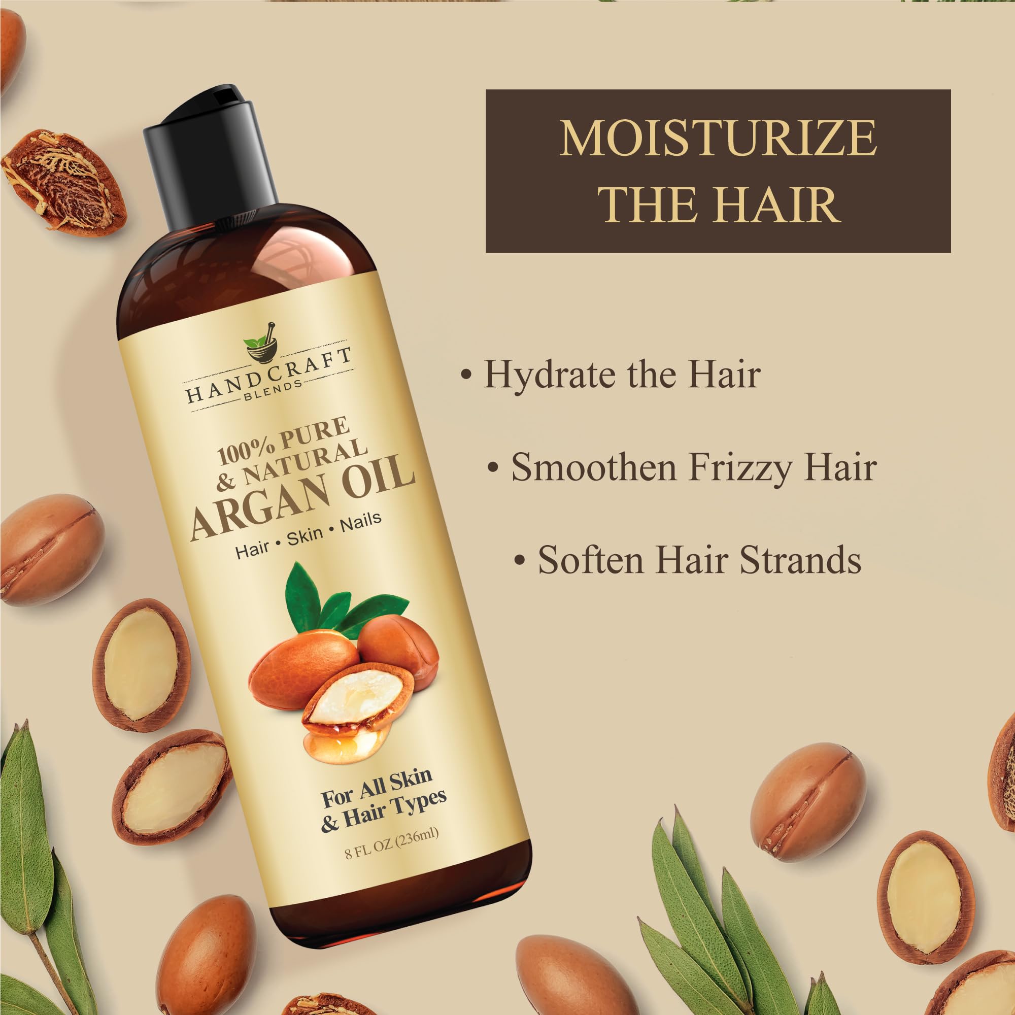 The Handcraft Blends Moroccan Argan Oil pump bottle for convenient use.