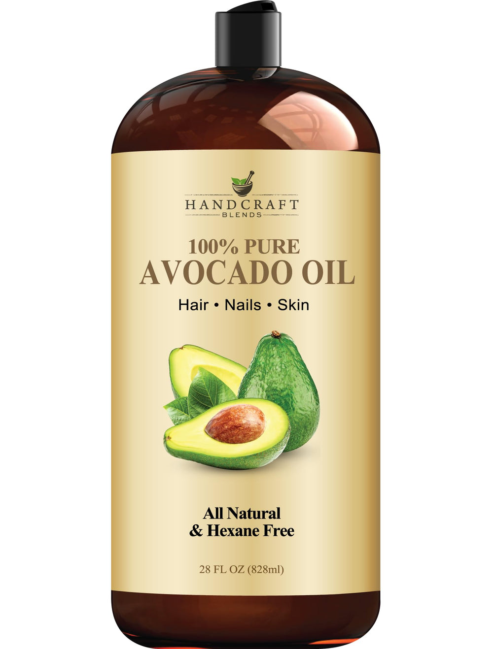Handcraft Blends Avocado Oil bottle close-up, pure and hexane-free for skin and hair care.