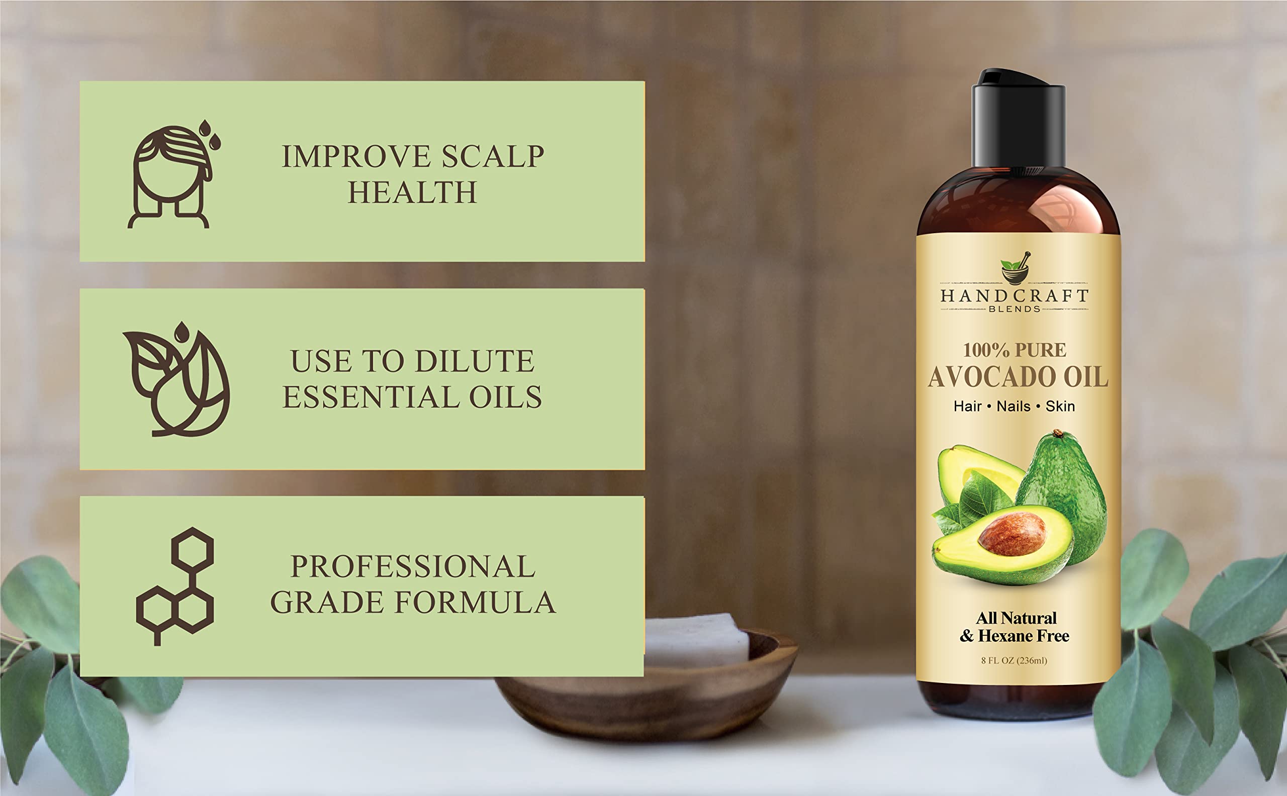 Handcraft Blends Avocado Oil applied to hair, adding shine without greasiness.