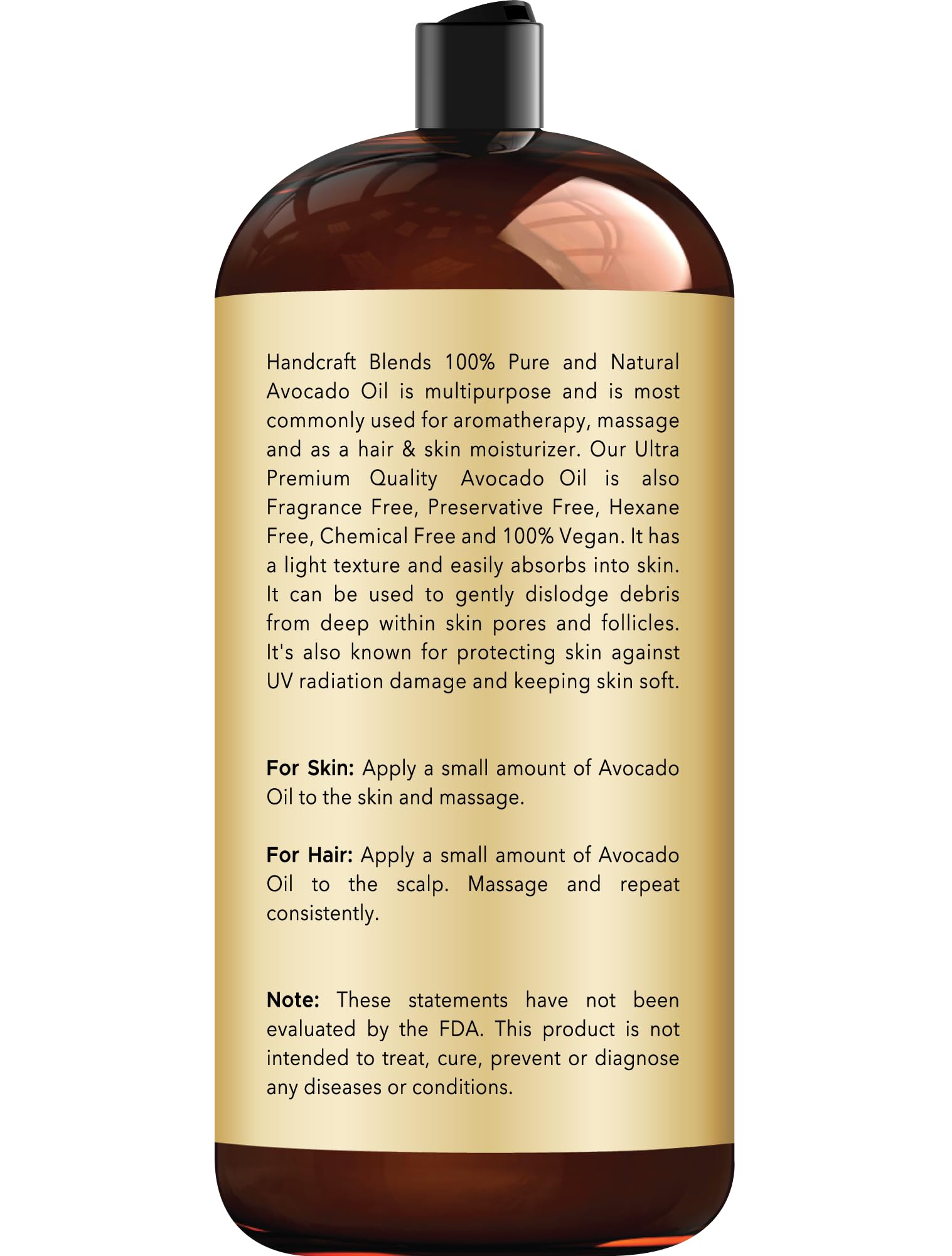 Handcraft Blends Avocado Oil label close-up highlights hexane-free purity.