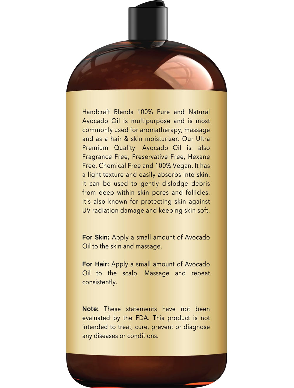 Handcraft Blends Avocado Oil label close-up highlights hexane-free purity.