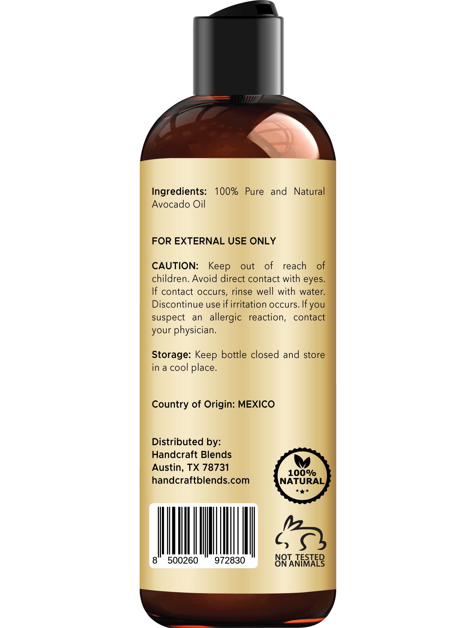Label close-up of Handcraft Blends Avocado Oil, highlighting hexane-free premium quality.
