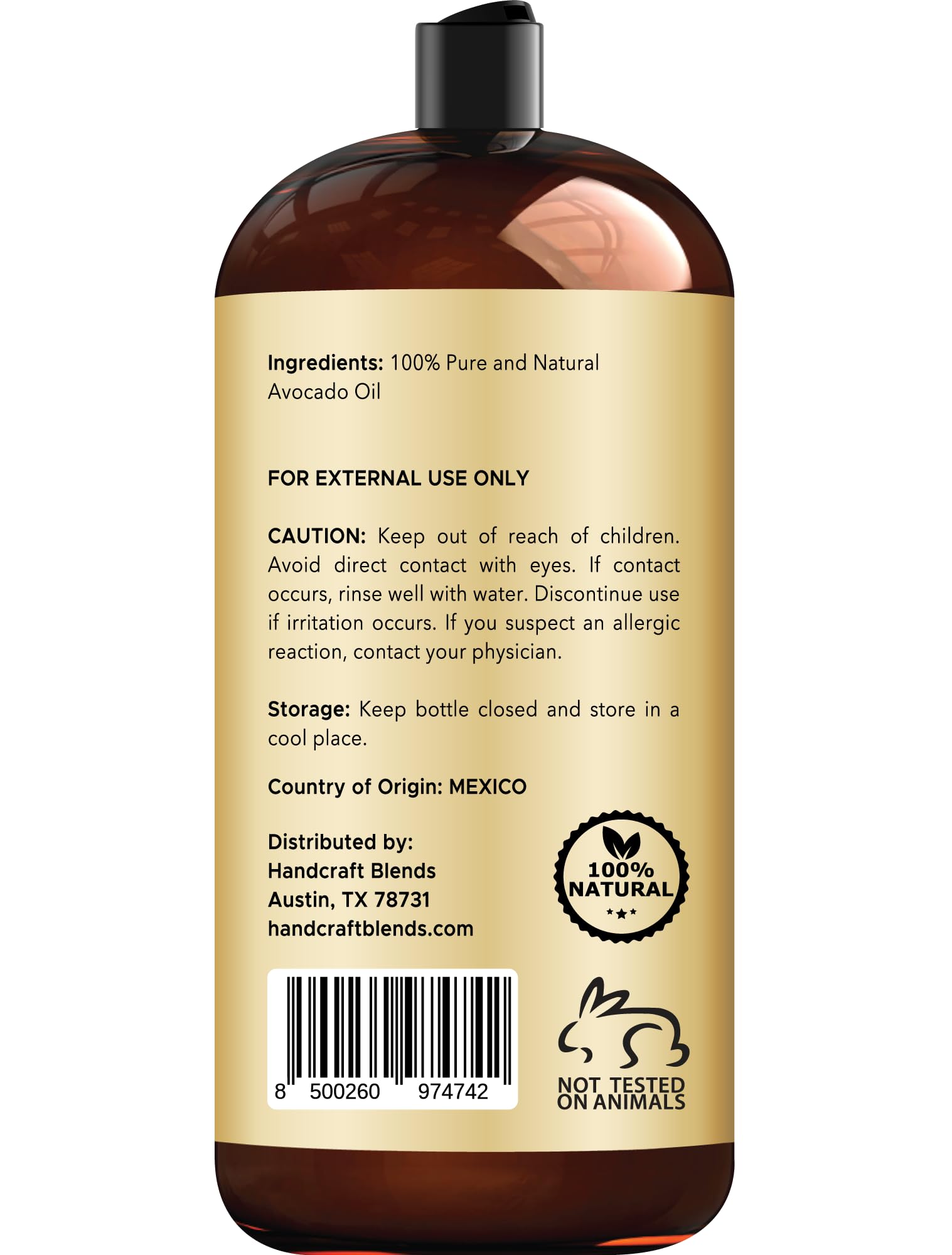 Handcraft Blends Avocado Oil pour bottle, ideal for massage and body hydration.