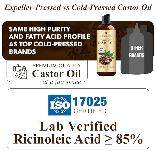 Close-up of Handcraft Blends castor oil bottle highlighting hexane-free, expeller-pressed quality.