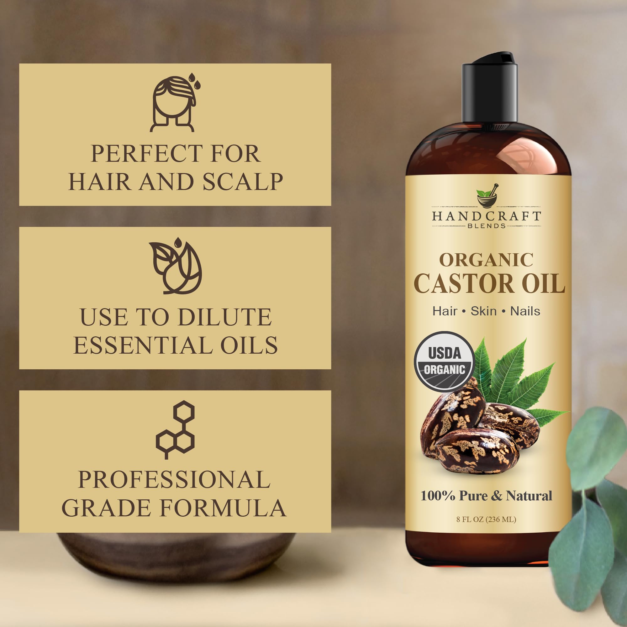 Hair-application scene showing conditioning for various hair types with Handcraft Blends castor oil.