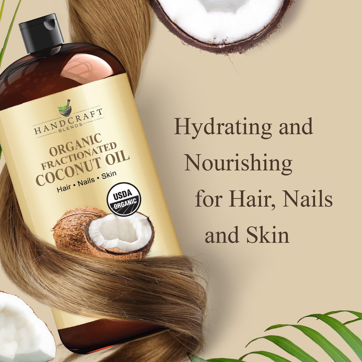 Close-up of Handcraft Blends coconut oil label highlighting purity and vegan formula