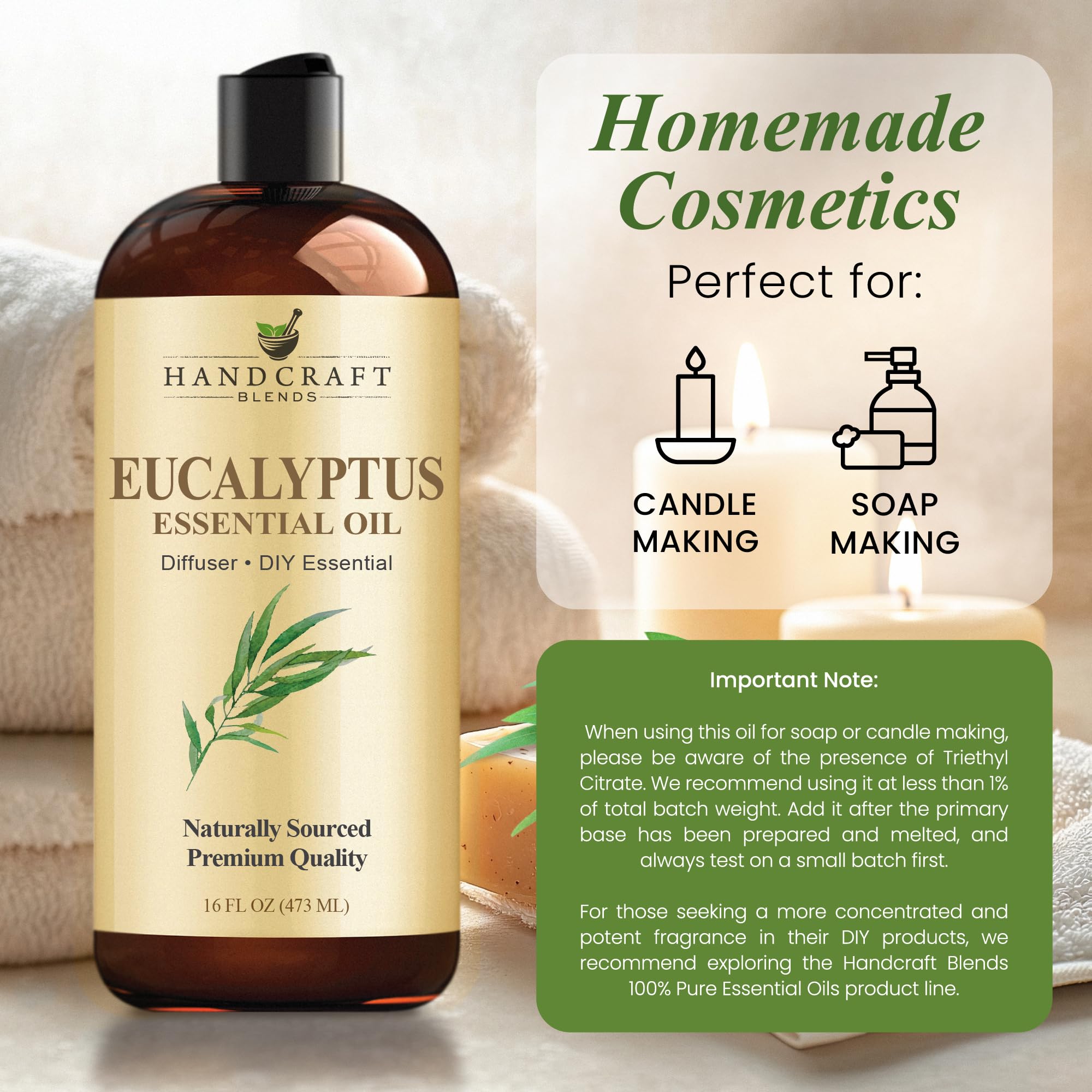 Handcraft Blends eucalyptus oil blends well with tea tree, lavender, and citrus.