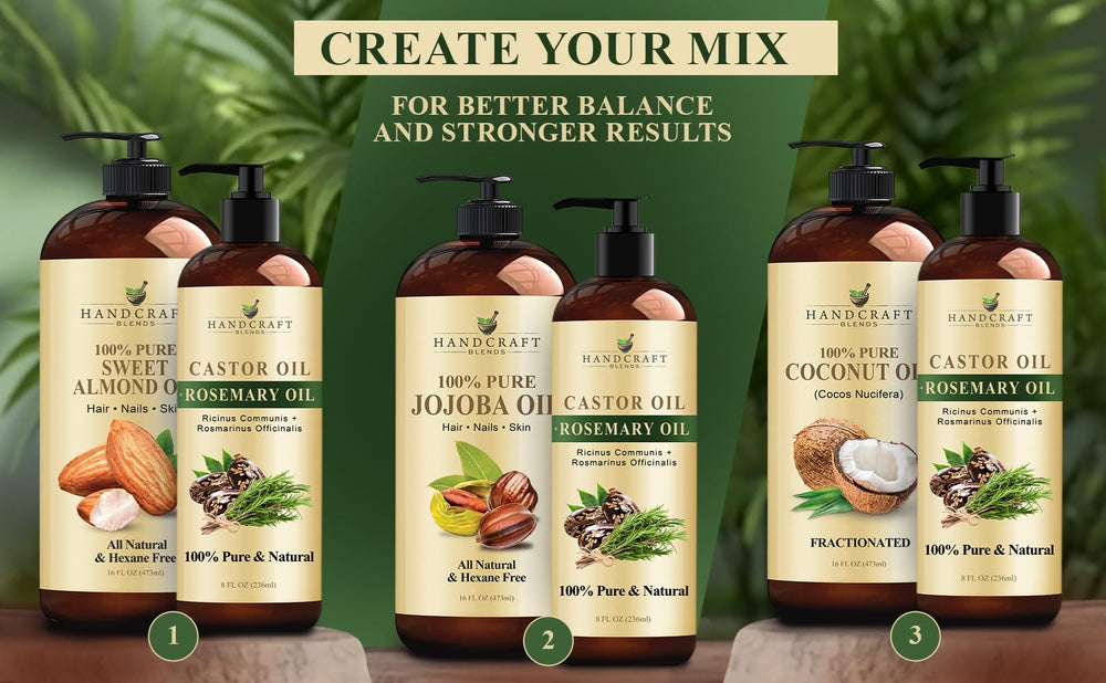 Applying Handcraft Blends castor oil for hair care and scalp nourishment.