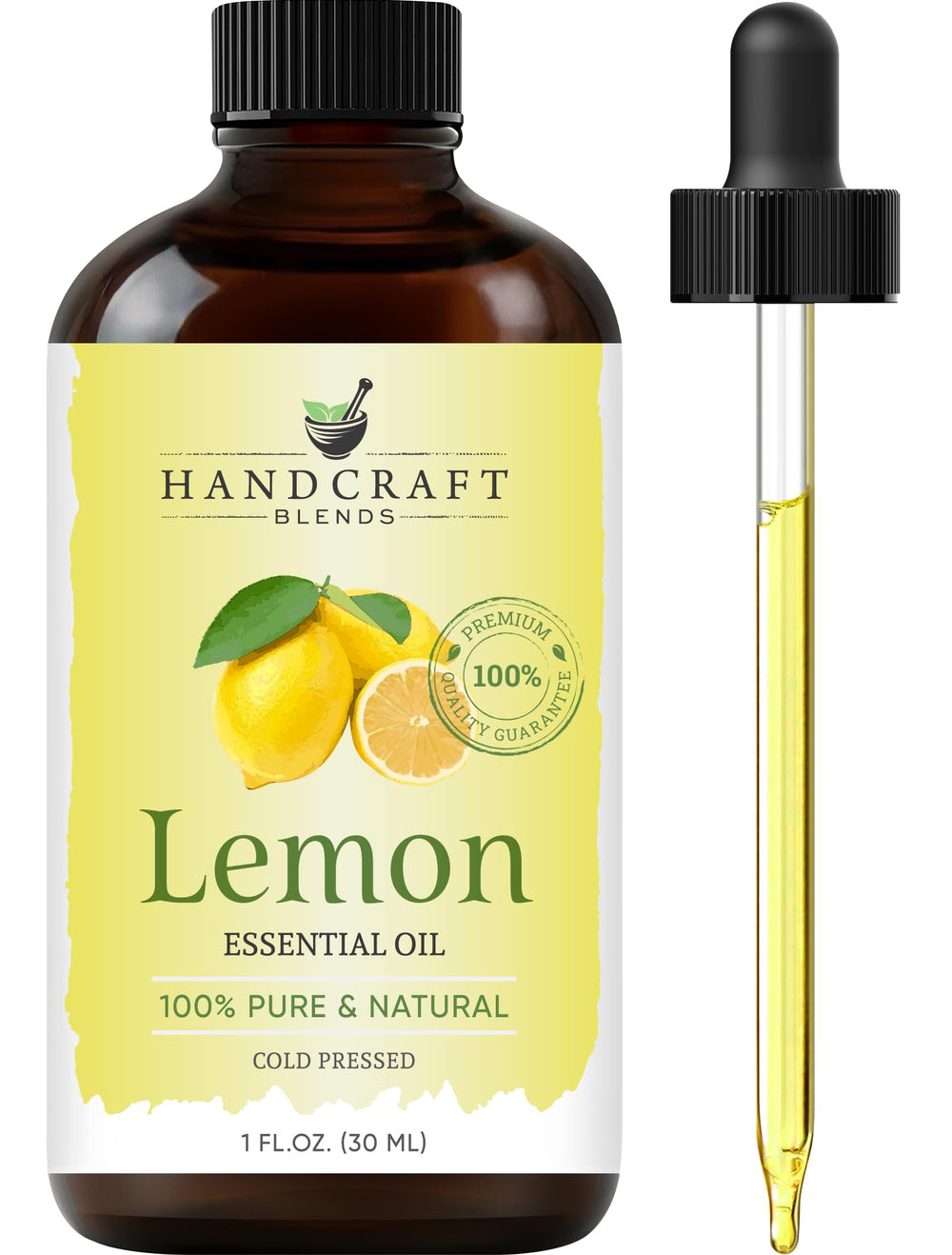 Handcraft Blends Lemon Essential Oil in amber bottle with built-in dropper for precise dosing.