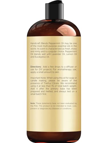 Handcraft Blends Peppermint Oil label closeup highlights premium quality and branding.