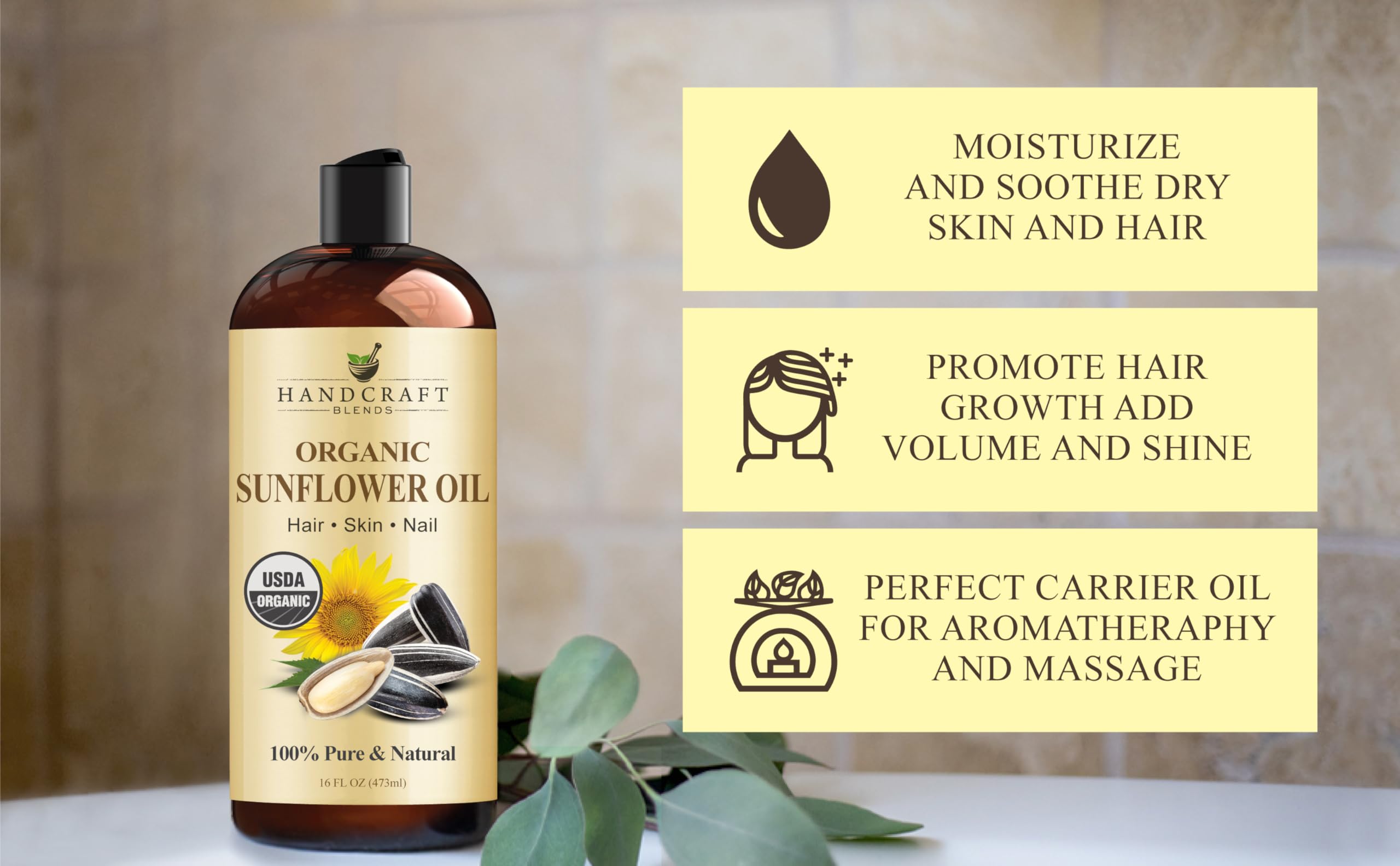 Handcraft Blends sunflower oil in hair suggests reduced breakage and smoother ends