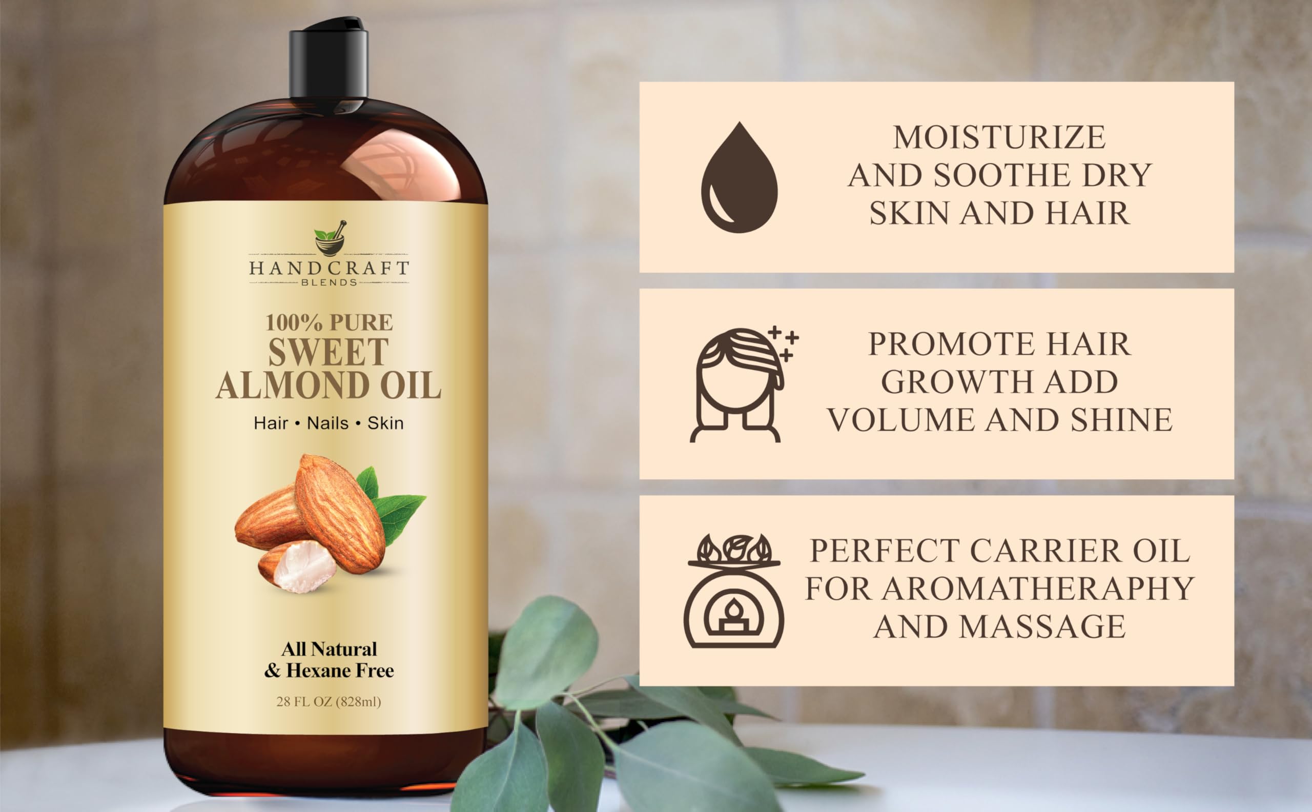 Handcraft Blends Almond Oil amber bottle ready for skin and hair use