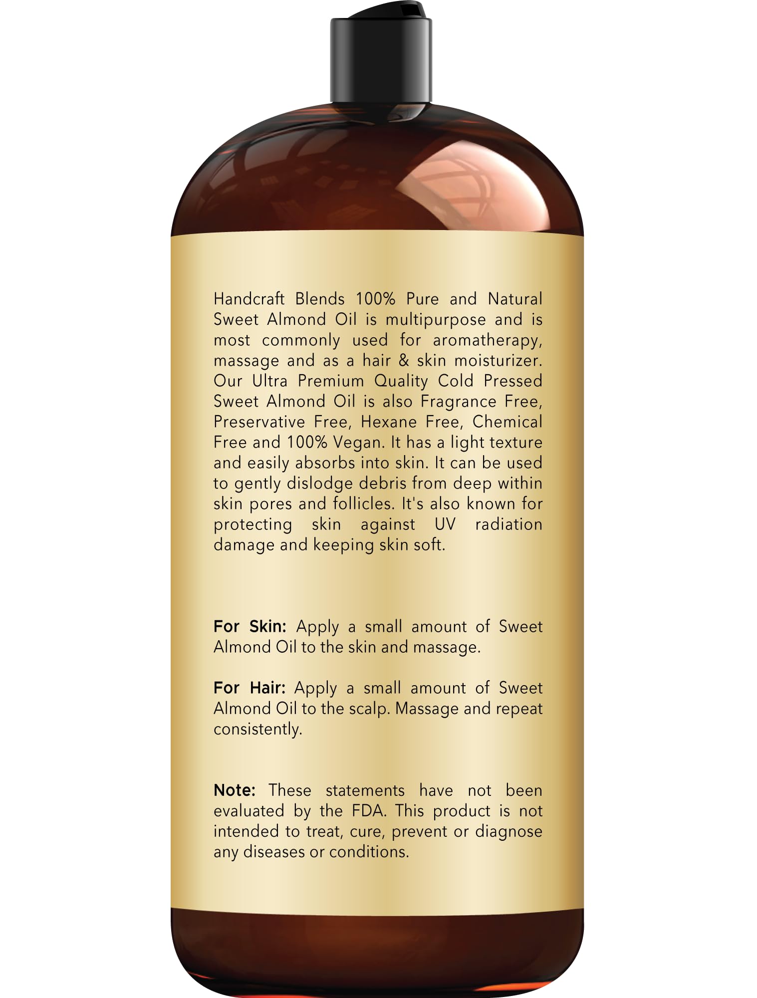 Handcraft Blends Sweet Almond Oil bottle back with ingredients and vegan status