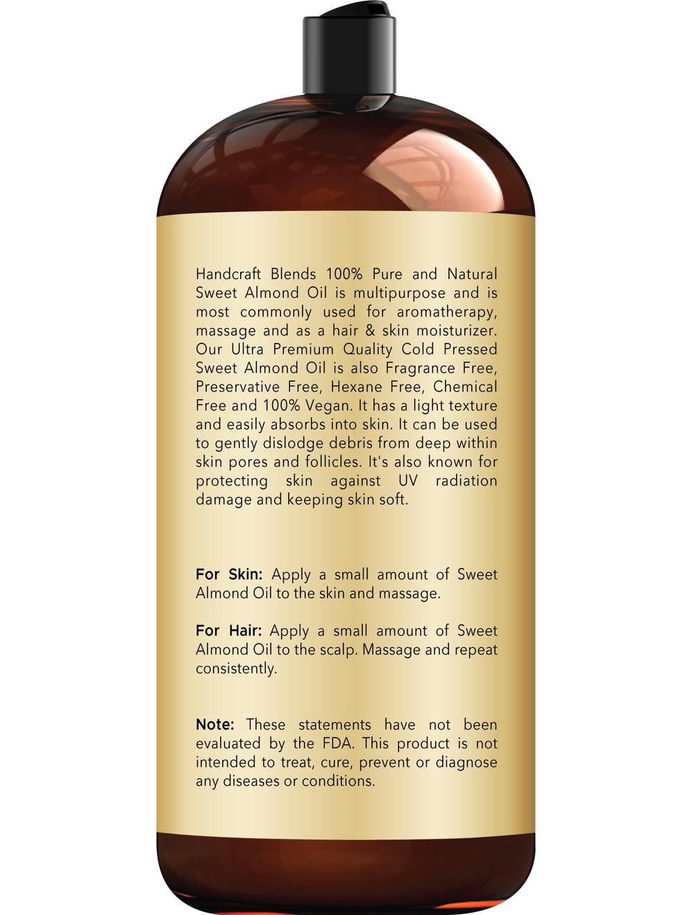 Handcraft Blends Sweet Almond Oil bottle back with ingredients and vegan status