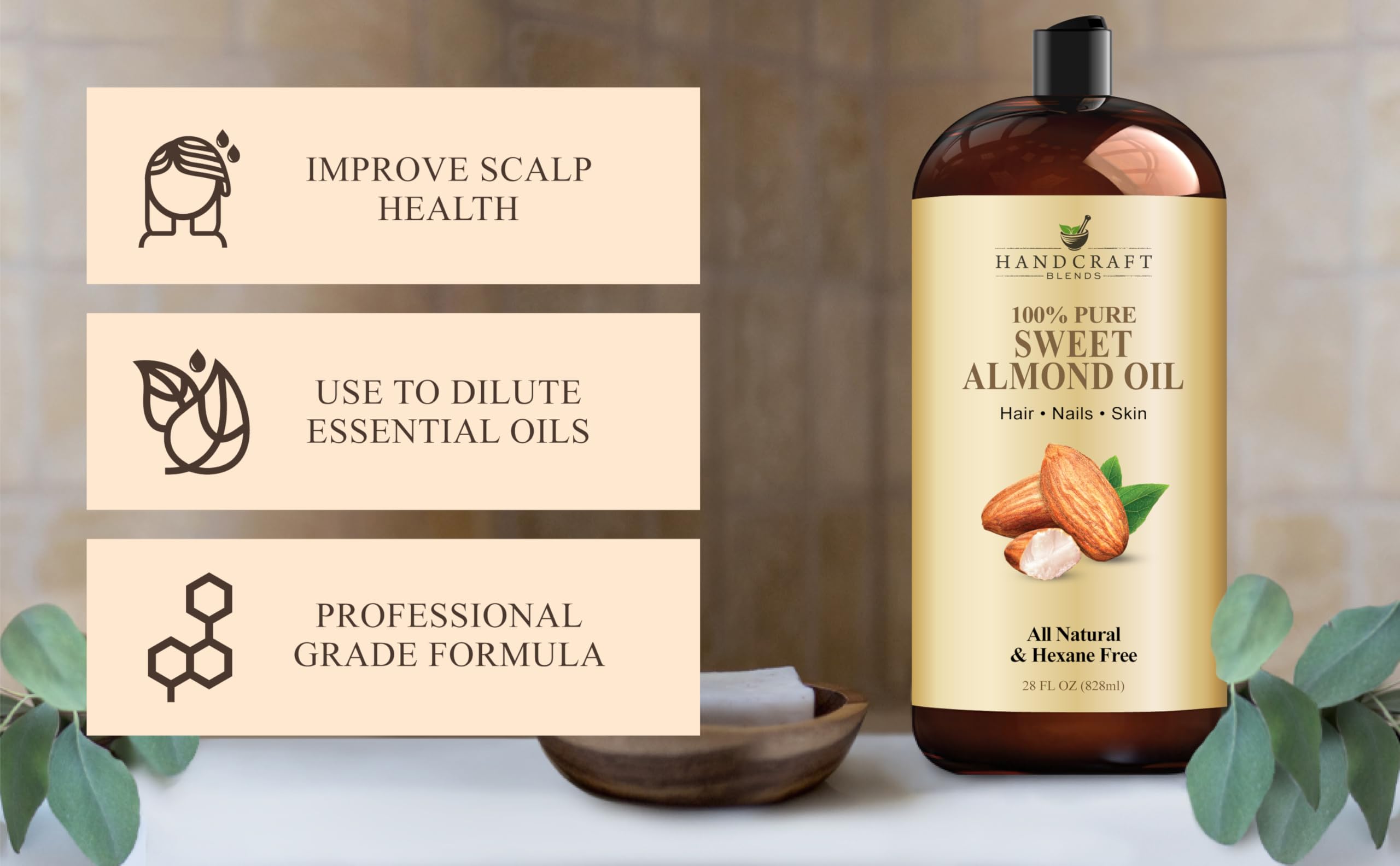 Handcraft Blends Sweet Almond Oil ingredients label highlights hexane-free formula