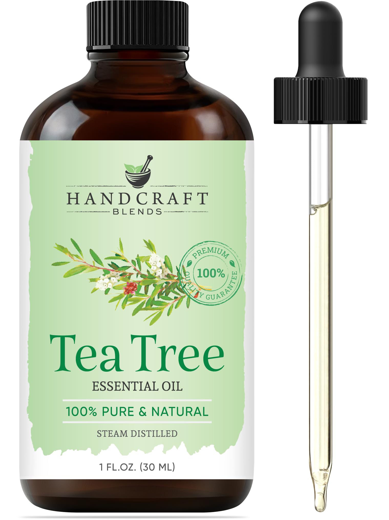 Handcraft Blends Tea Tree Oil in an amber bottle, signaling purity and quality.