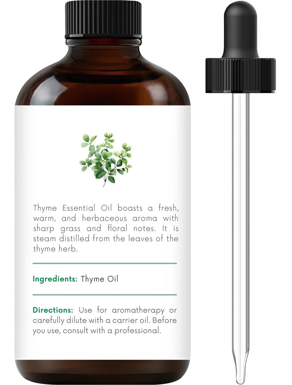 Amber glass Handcraft Blends Thyme Oil bottle with dropper to control usage.